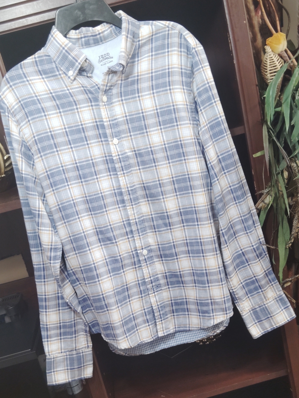 Izod Blue and White Plaid Button-Down Shirt